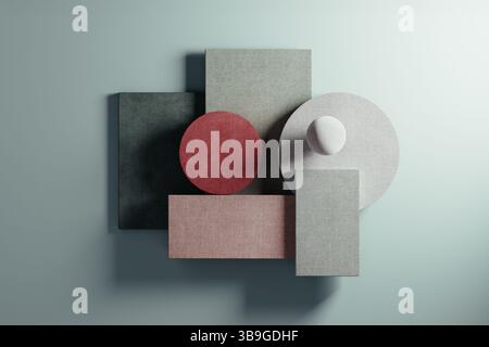 Colorful shapes create a harmonious composition against a soft backdrop, showcasing design simplicity and aesthetic balance in abstract art. Stock Photo