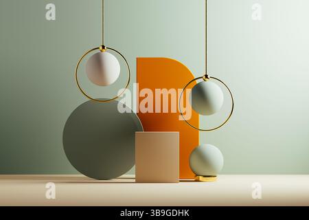 Featuring spheres and rectangles in pastel hues, this minimalist composition showcases suspended circles and a warm, ambient glow against a soft green Stock Photo