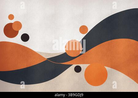 Abstract design featuring orange and black waves with circles on a textured canvas. The composition blends modern and retro aesthetics, creating visua Stock Photo