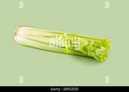 Fresh celery stalks lie on a vibrant green background, showcasing their crisp texture and verdant leaves Stock Photo