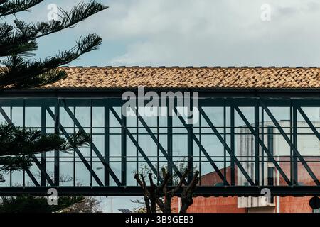 A glass bridge with a traditional tiled roof stands elegantly against a cloudy sky. The modern structure juxtaposes with natural elements, offering a Stock Photo