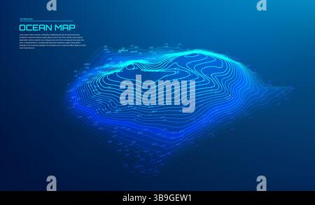 Ocean map with 3D glowing contour lines and bathymetric depth levels on a dark blue gradient background for marine mapping and analysis Stock Vector