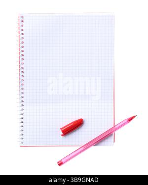 Pen and open notebook isolated on white, top view Stock Photo