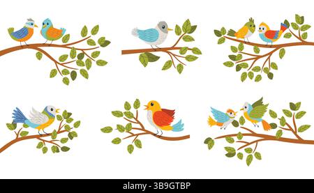 Cartoon flat style illustration of colorful birds sitting on tree branches. Bright, playful design with bright colors and a cheerful nature theme. Ide Stock Vector