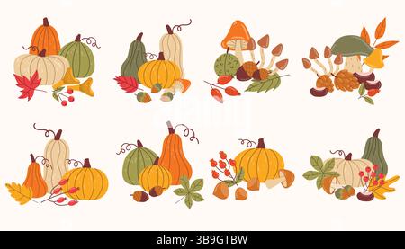 Set of autumn compositions set featuring seasonal elements like leaves, pumpkins, mushrooms, nuts, and berries, arranged in warm, natural layouts perf Stock Vector