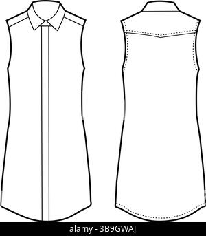 Minimalist Flat Sketch of a Sleeveless Shirt Dress with Collar – Front and Back Technical Illustration Stock Vector