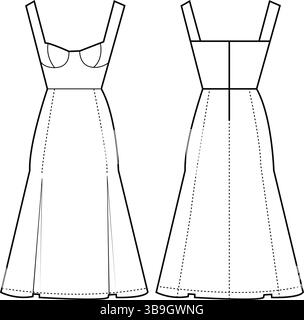 Minimalist Flat Sketch of a Fitted Bodice Flared Dress with Straps – Front and Back Technical Illustration Stock Vector