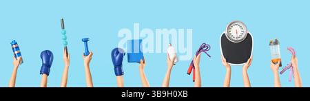 Many hands with sports equipment and scales on light blue background Stock Photo