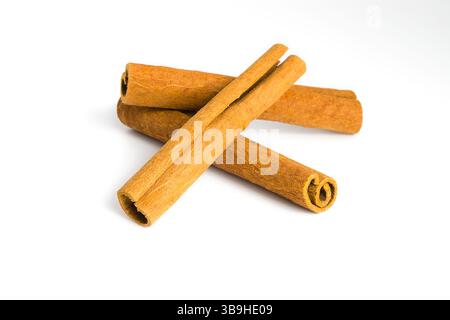 Assorted cinnamon bark pieces arranged on white, focusing on their fibrous texture, earthy hues, and organic shapes, suitable for food and wellness vi Stock Photo