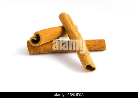 Isolated cinnamon bark pieces on white, emphasizing their rugged surfaces, deep brown shades, and natural forms, ideal for spice and herbal-themed con Stock Photo