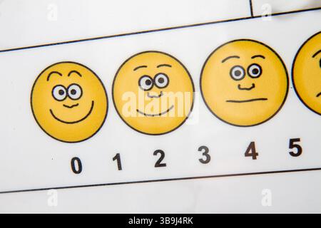 A series of smiling and frowning faces are shown on a white background Stock Photo