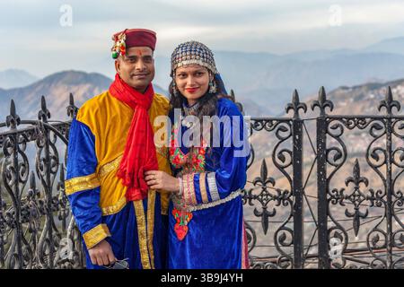 Local young couple in national dress celebrating their wedding anniversary in Shimla, India Stock Photo