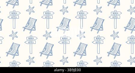 Stylized beach-themed pattern featuring chairs and directional signs Stock Vector
