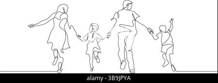 family walking together holding hands line art minimalism. happy mom dad and children relaxation carefree one line drawing illustration Stock Vector