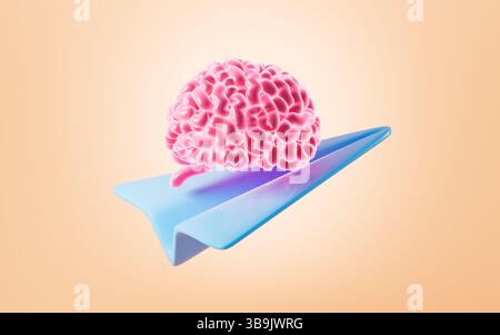 Human brain on the paper plane. Learn and innovate concepts, 3d rendering. 3d illustration. Stock Photo