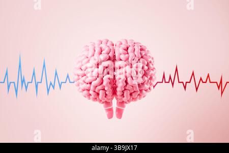 The human brain and brain waves, brain consciousness and thinking, 3d rendering. 3d illustration. Stock Photo