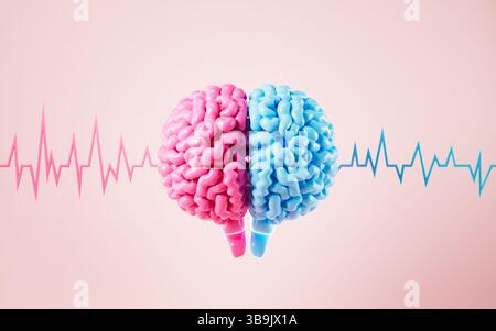 The human brain and brain waves, brain consciousness and thinking, 3d rendering. 3d illustration. Stock Photo
