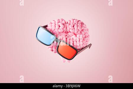 Human brain with glasses, The concept of study, creativity and inspiration, 3d rendering. 3d illustration. Stock Photo