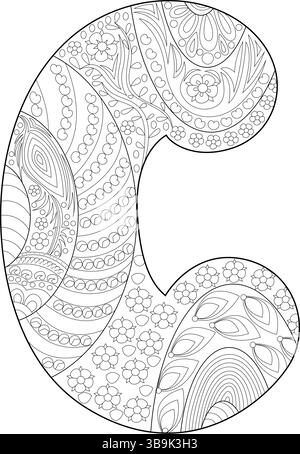 An ornate capital letter C designed as a coloring page, filled with intricate floral and geometric patterns. This black and white line art illustratio Stock Vector