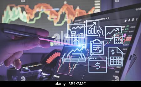 Analyzing Financial Data on Digital Dashboard Stock Photo