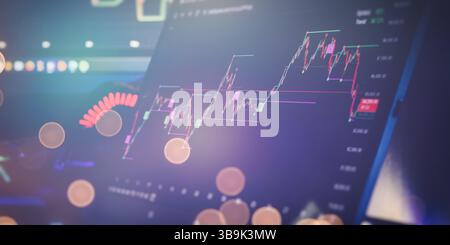 Close-up of a digital tablet displaying a colorful stock market chart, showcasing trading activity, financial analysis, and investment trends. Stock Photo