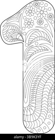 An intricate black and white illustration of the number 1, filled with detailed floral and abstract patterns in a zentangle or mandala style, perfect Stock Vector