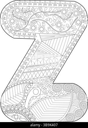 An intricate black and white line art illustration of the uppercase letter Z, filled with detailed decorative patterns in a zentangle or doodle art st Stock Vector