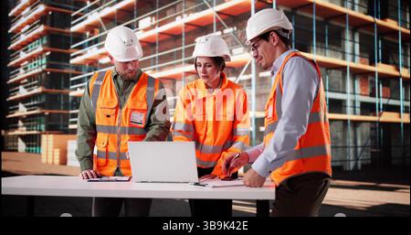 Construction Engineers Ensuring Safety On Job Site Using Technology Stock Photo