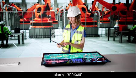 Female Engineer Operating Scada System At Industrial Plant With Futuristic Touchscreen. Stock Photo