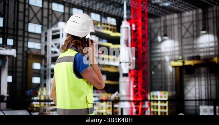 Female Engineer Conducting Phone Call Inside Aerospace Manufacturing Facility Stock Photo
