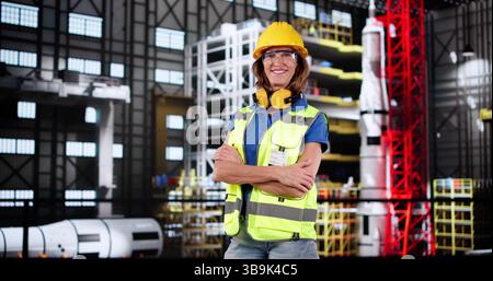 Woman Engineer Wearing Ear Protection In Noisy Industrial Factory Setting. Stock Photo
