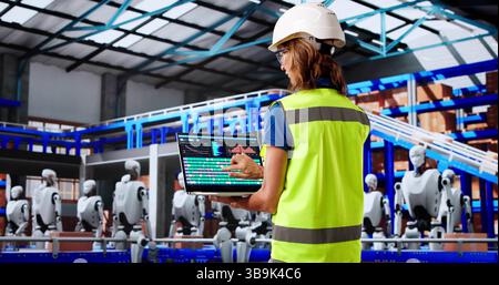 Innovative Woman Leading Futuristic AI Robot Development In Warehouse Environment Stock Photo