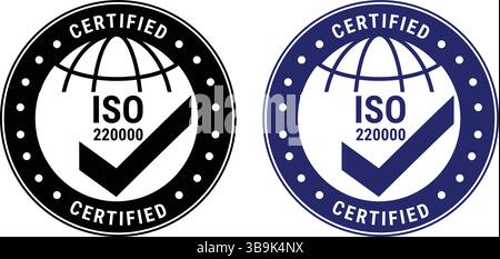 round certified iso 220000 labels in black and blue with globe lines and big checkmark icons for food safety, inspection approval and standard assuran Stock Vector