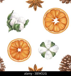 Seamless pattern with oranges, cotton, cones. Christmas, Sustainable xmas. Hand drawn organic winter handmade decorations from recyclable material for Stock Photo
