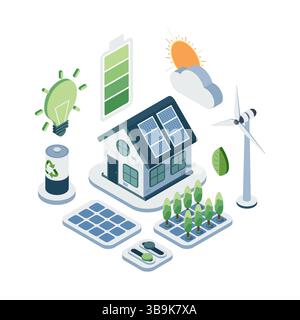 Isometric Energy Conservation Home with Solar Panels Wind Turbine and Sustainable technology Stock Vector