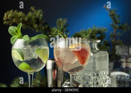 Cocktails gin and tonic with grapefruit and lime slices in wet glasses. Stock Photo