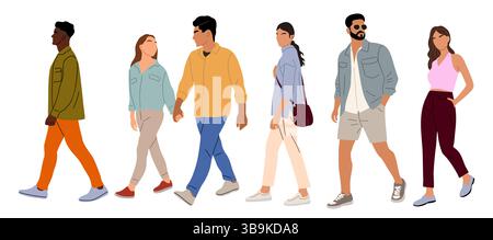 Set of different people walking side view isolated Stock Vector