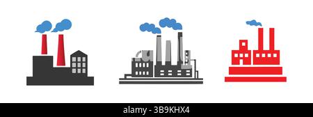 Set of Factory Icons with Smoke for Industry, Manufacturing, or Pollution Concepts Stock Vector