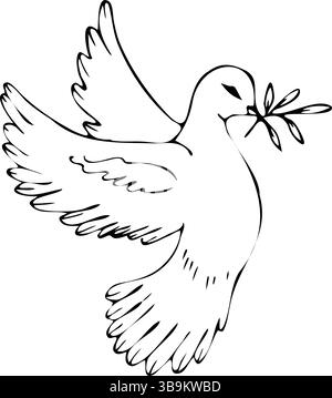 Flying dove holding an olive branch as a sign of peace line art vector Stock Vector