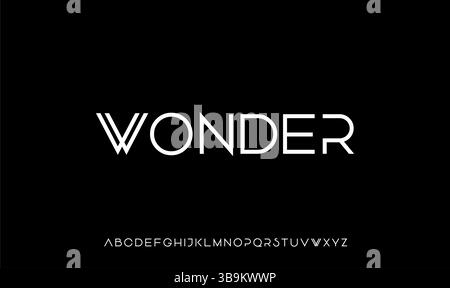 Wonder is a sleek, geometric sans serif font with unique letterforms and a futuristic vibe. Ideal for branding, fashion editorials, logo design. Stock Vector
