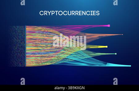 Abstract cryptocurrency data visualization with colorful digital streams, binary code, and network flow on dark background, representing blockchain te Stock Vector