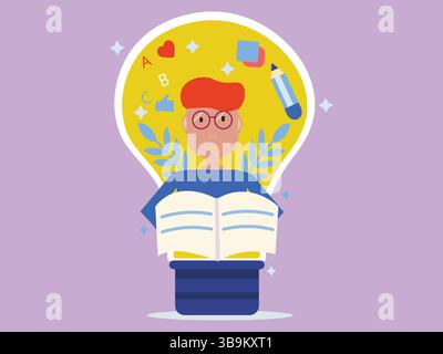 Education Concept. Flat Style vector illustration a person inside a light bulb with books, symbols, and thoughts representing imagination. Stock Vector