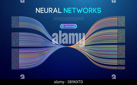 Abstract neural networks visualization with colorful data streams, digital flow, and structured information on a dark background, representing artific Stock Vector