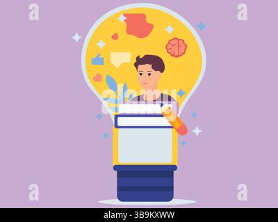 Education Concept. Flat Style vector illustration a person inside a light bulb with books, symbols, and thoughts representing imagination. Stock Vector