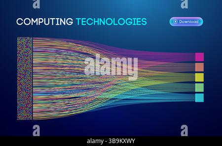 Abstract computing technologies visualization with colorful data streams, structured information flow, and digital processing on a dark background, re Stock Vector