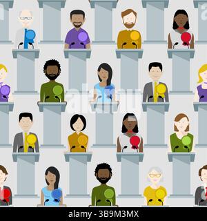 A seamless background pattern design with a diverse group of politicians at rostrums. Editable vector available. Stock Vector