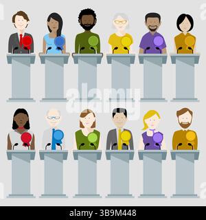 Diverse group of politicians standing at rostrums partaking in a political debate. Editable vector available. Stock Vector