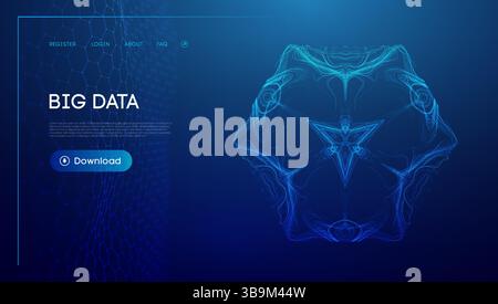 Futuristic big data technology background with glowing abstract digital wave, hexagonal grid, and neon blue AI cyber interface on a dark gradient. Stock Vector