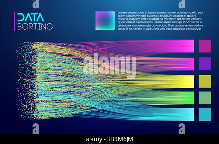 This abstract image features flowing multi-colored lines representing data sorting processes. The gradient effects and vibrant color transitions contr Stock Vector