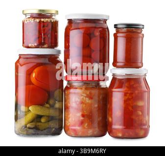 Many jars with different pickled products isolated on white Stock Photo